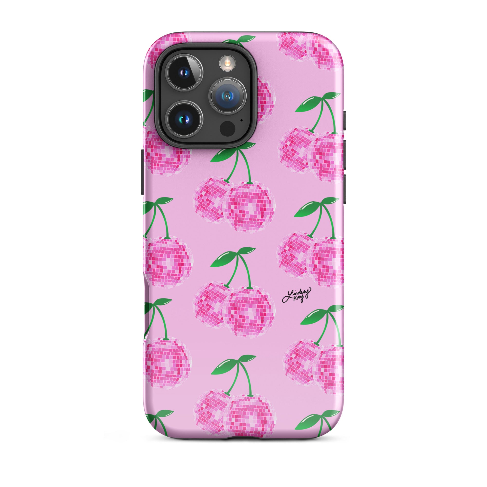 Cute and durable Phone case with a hand-drawn cute disco ball cherries pattern in pink, perfect for summer with a fun, girly, and trendy retro vibe.